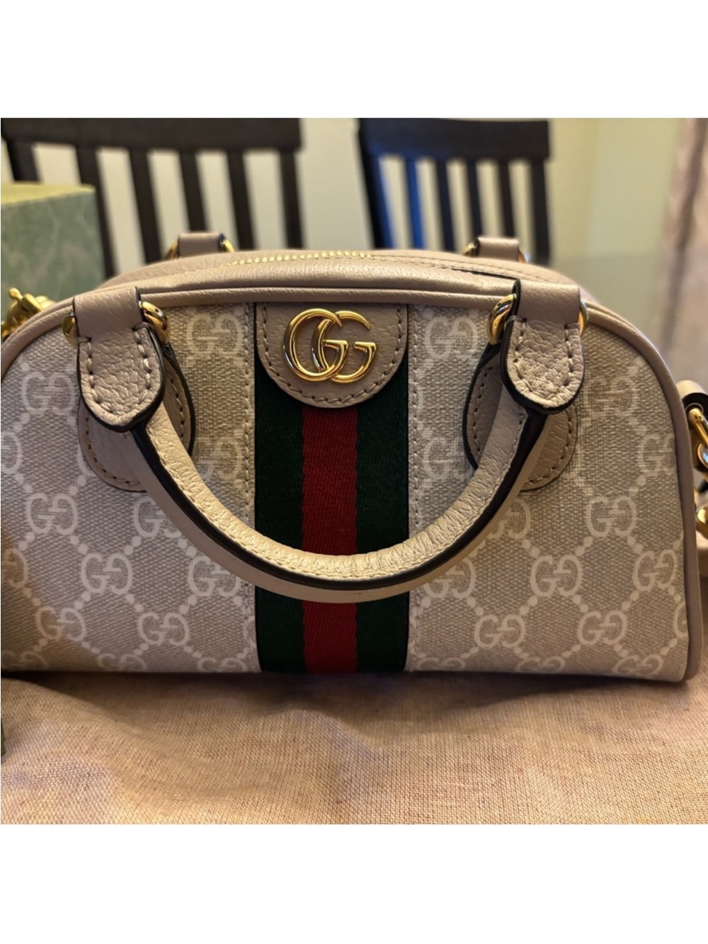 Gucci Beige Mini Ophidia Top-Handle Bag with Green-Red Web
